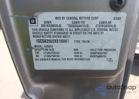 1999 Chevrolet Silverado 2500 Ls z USA, uszkodzony, nr VIN 1GCGK29U3XE190867